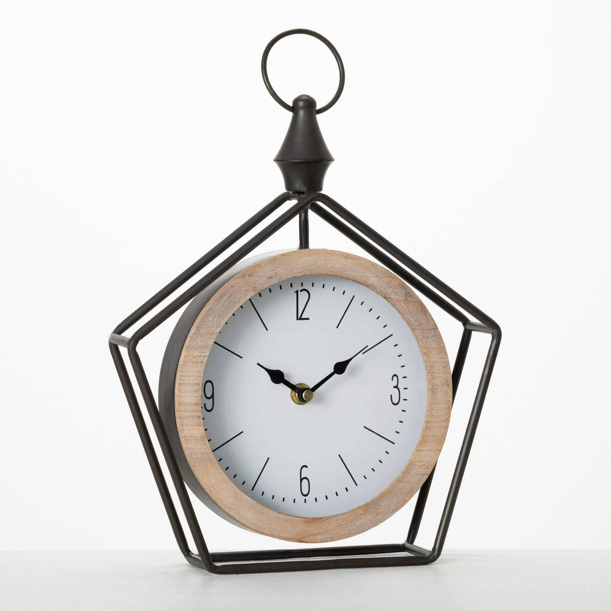 Metal Pentagon Desk Clock – Floating Timepiece with Light Wood Bezel