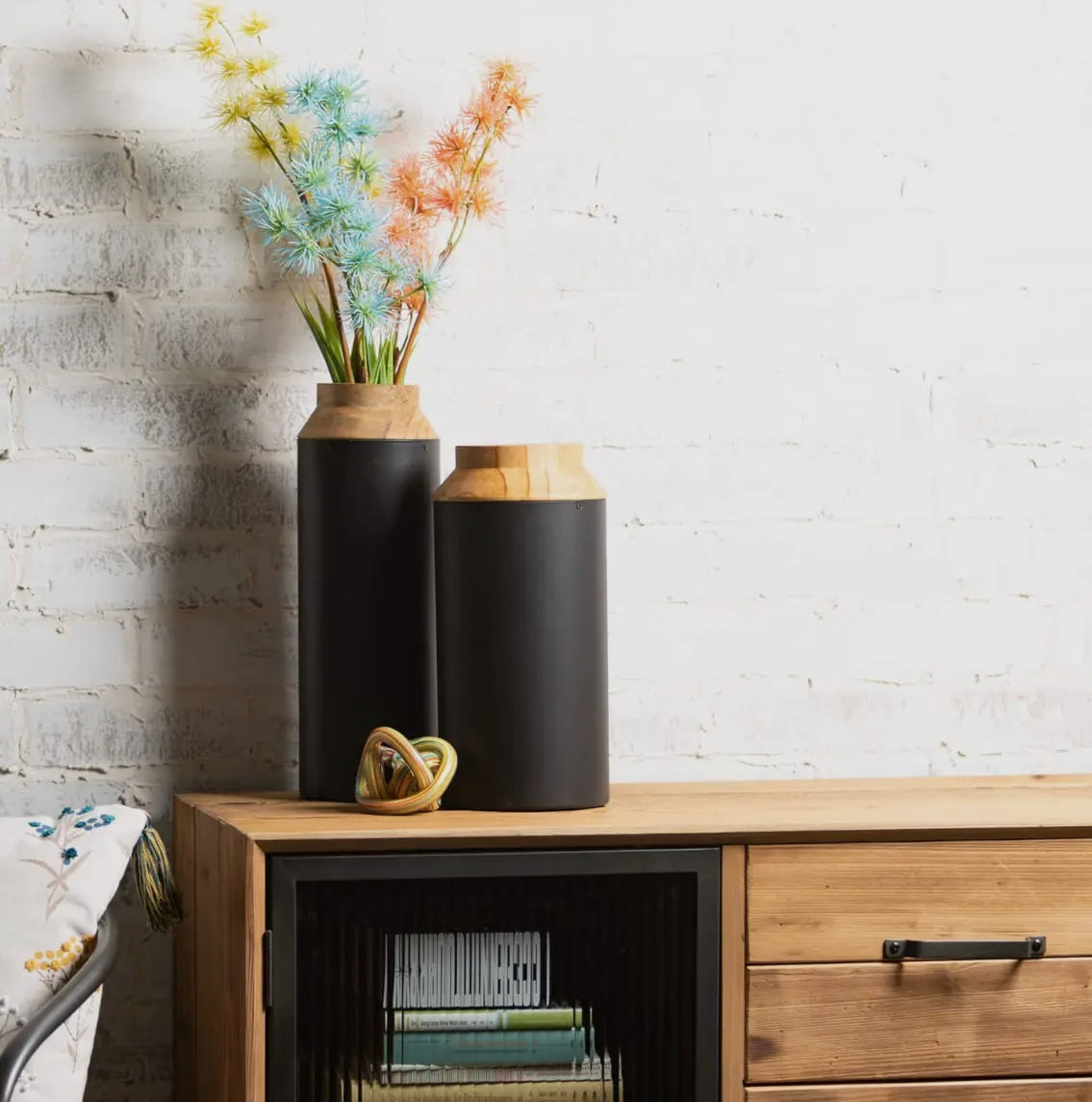 Wood & Black Vase Set