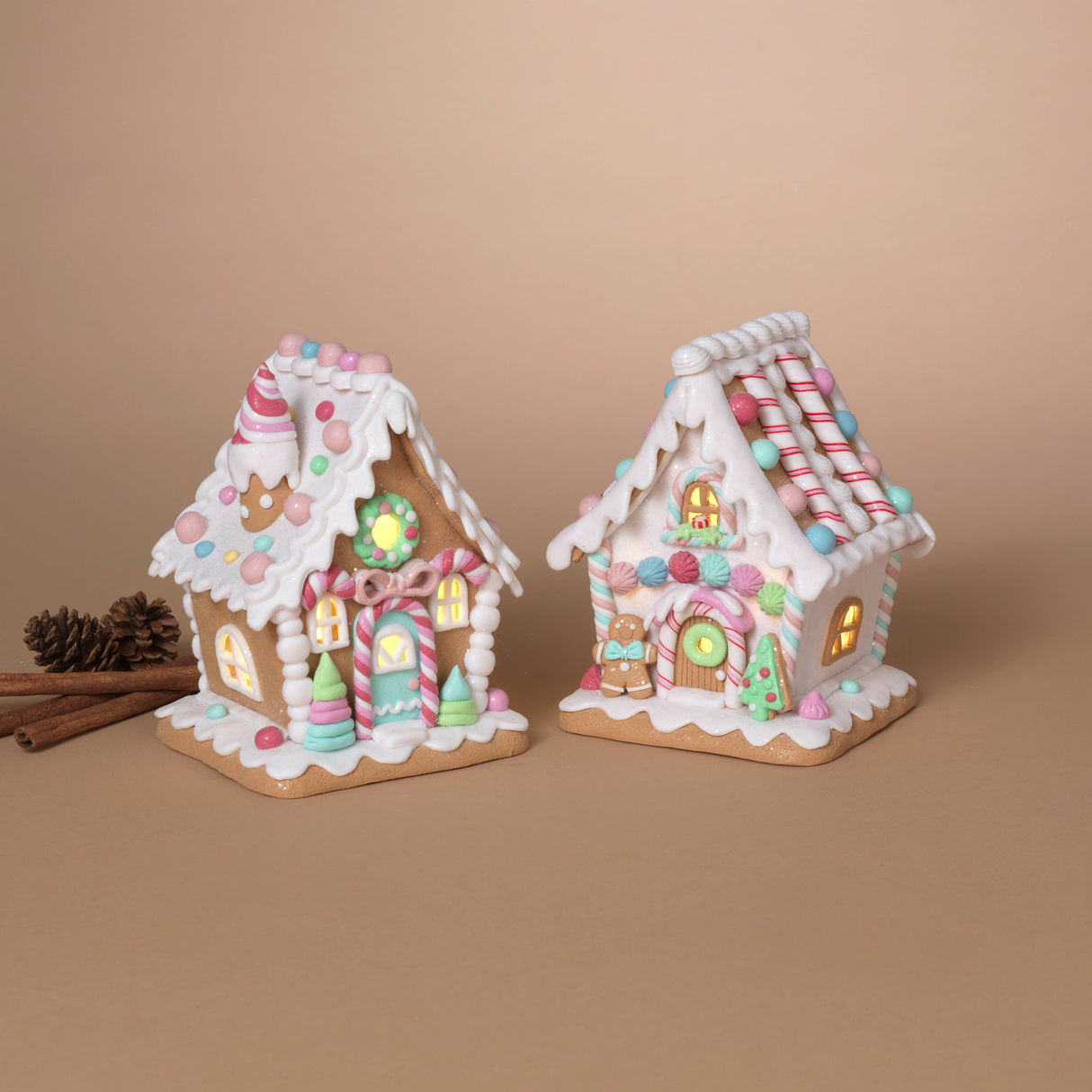 Pastel Peppermint House: Pastel gingerbread house with peppermint‑swirl roof topper, candy‑striped door, and warm glowing windows.
Pastel Candy Cane House: Pastel gingerbread house with candy‑stick roof trim, gingerbread man out front, and warm glowing windows.