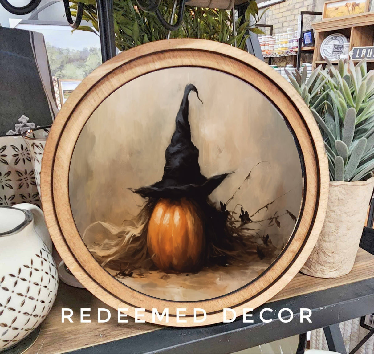 Pumpkin Witch Hat – 8” Round Halloween Canvas Art