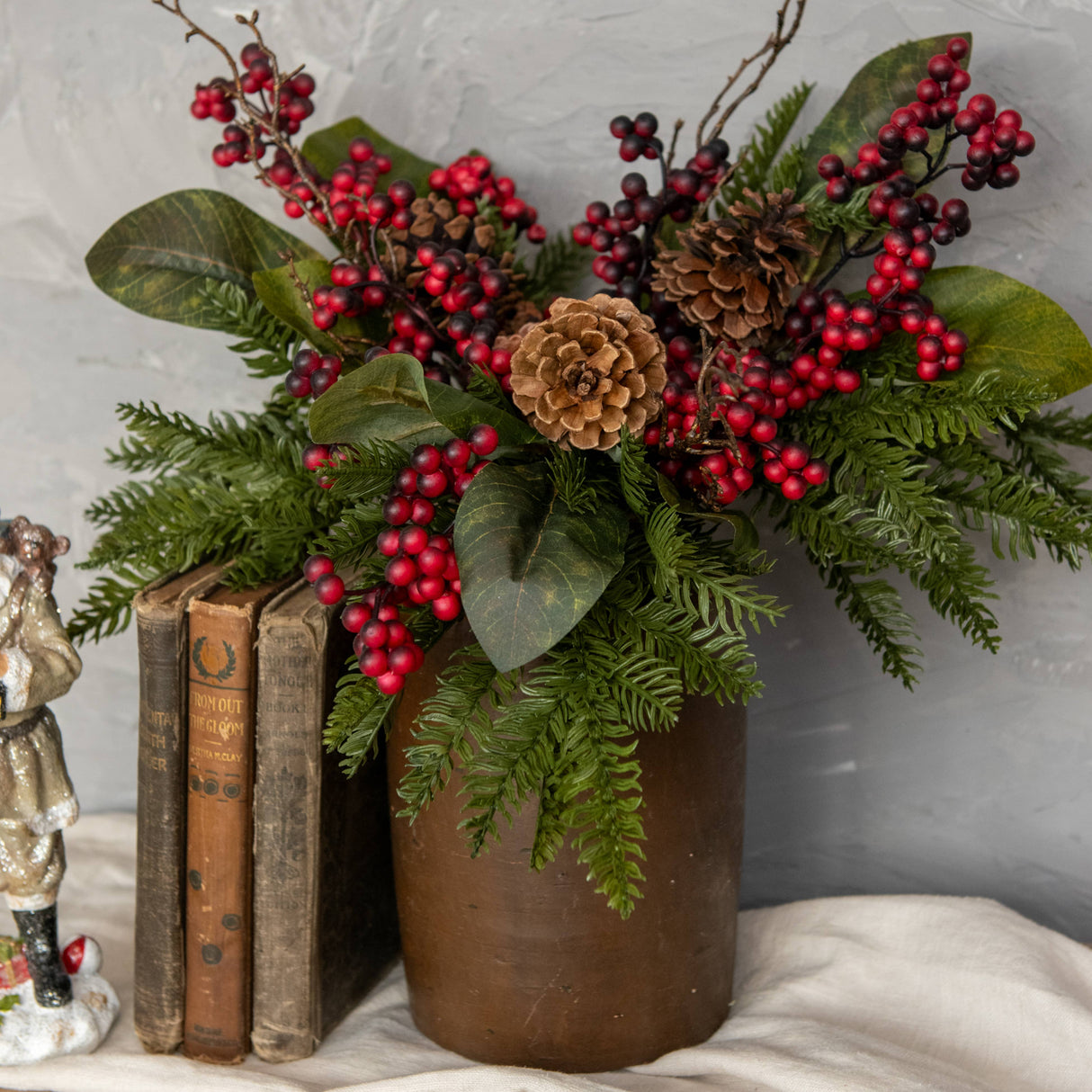 Cedar & Magnolia Leaf with Red Berry Pick – Faux Holiday Stem for Seasonal & Everyday Décor
