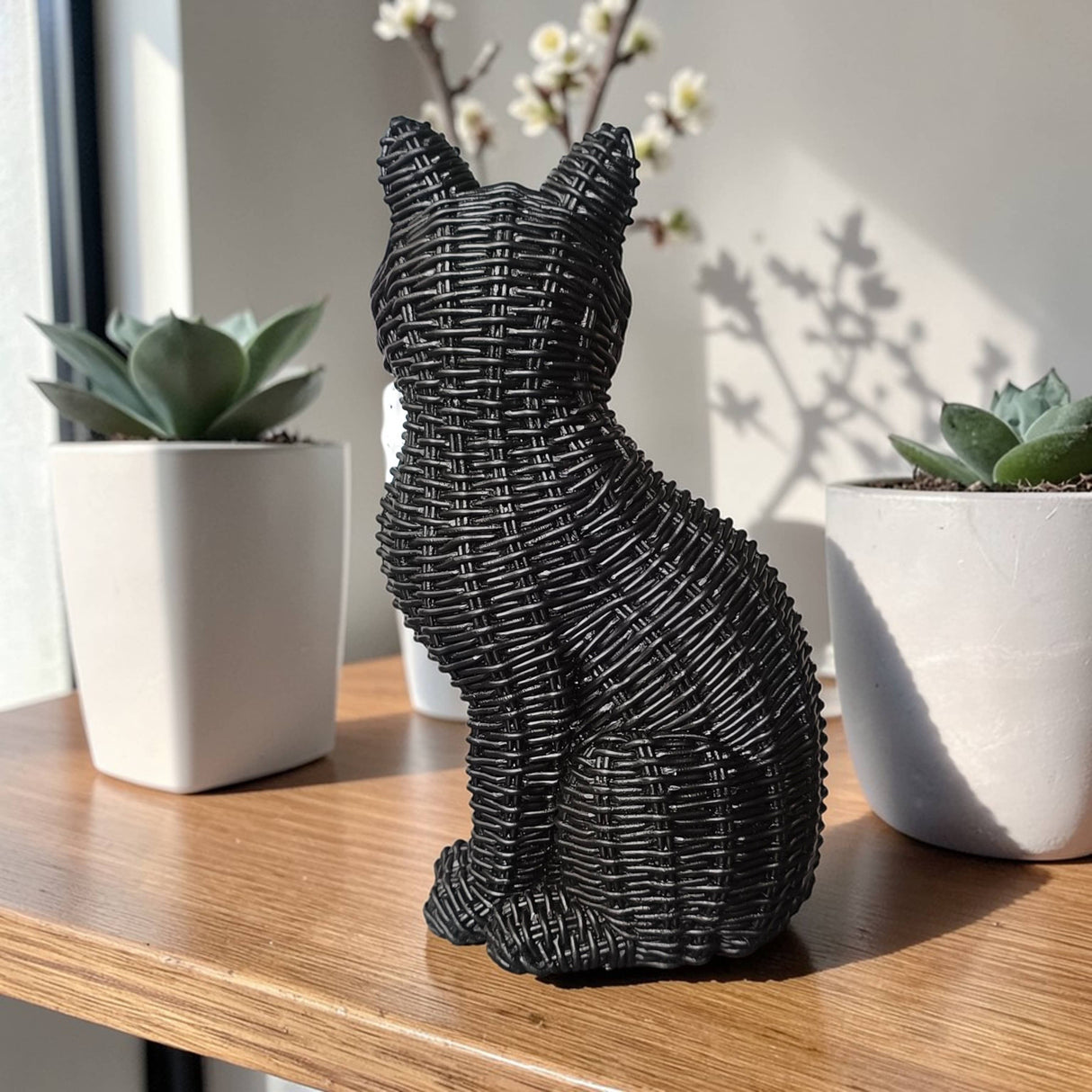 Black Cat Tabletop Décor – Resin Woven‑Rattan Look with Bow (Halloween & Fall Decor)