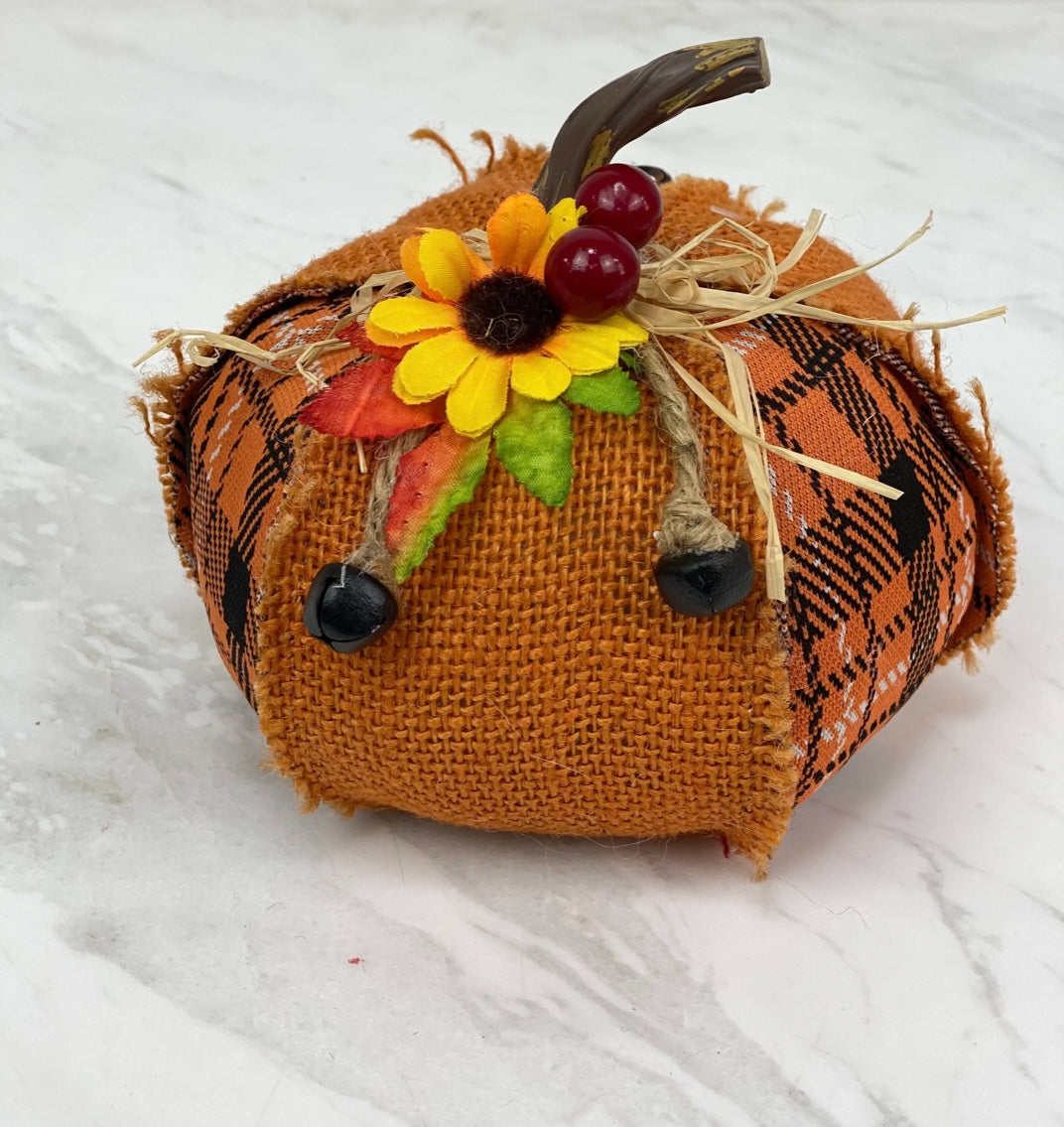 6" Burlap & Plaid Fabric Pumpkin – Whimsical Fall Table Accent