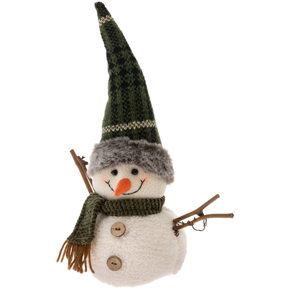 Green Plaid Hat Snowman – Rustic Plush Winter Figurine with Faux Fur Trim & Wooden Accents