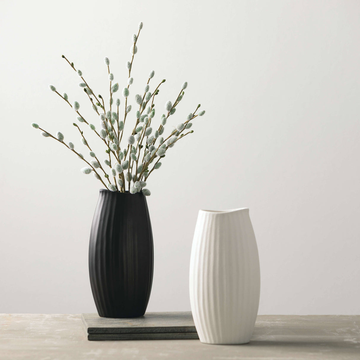 Textured White Ribbed Vase – Matte Ceramic Accent with Sculptural Detail