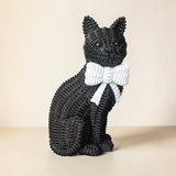 Black Cat Tabletop Décor – Resin Woven‑Rattan Look with Bow (Halloween & Fall Decor)