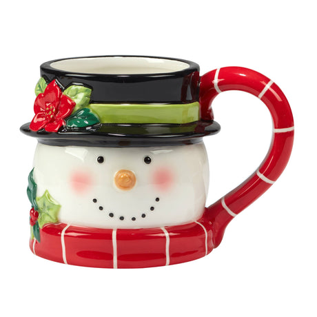 3‑D ceramic snowman mug with black top hat, striped red scarf handle, and cheerful painted face by artist Susan Winget.