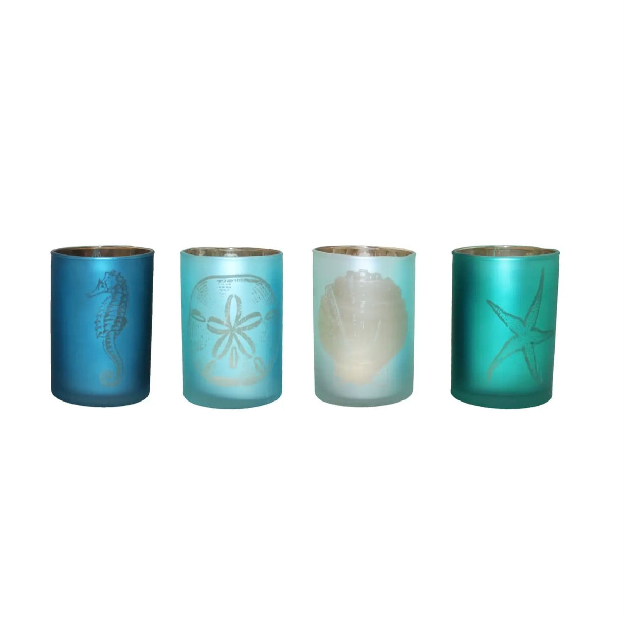 Etched Glass Beachcombers Coastal Life – Assorted Blue Sea Life Glass Votive – Set of 4