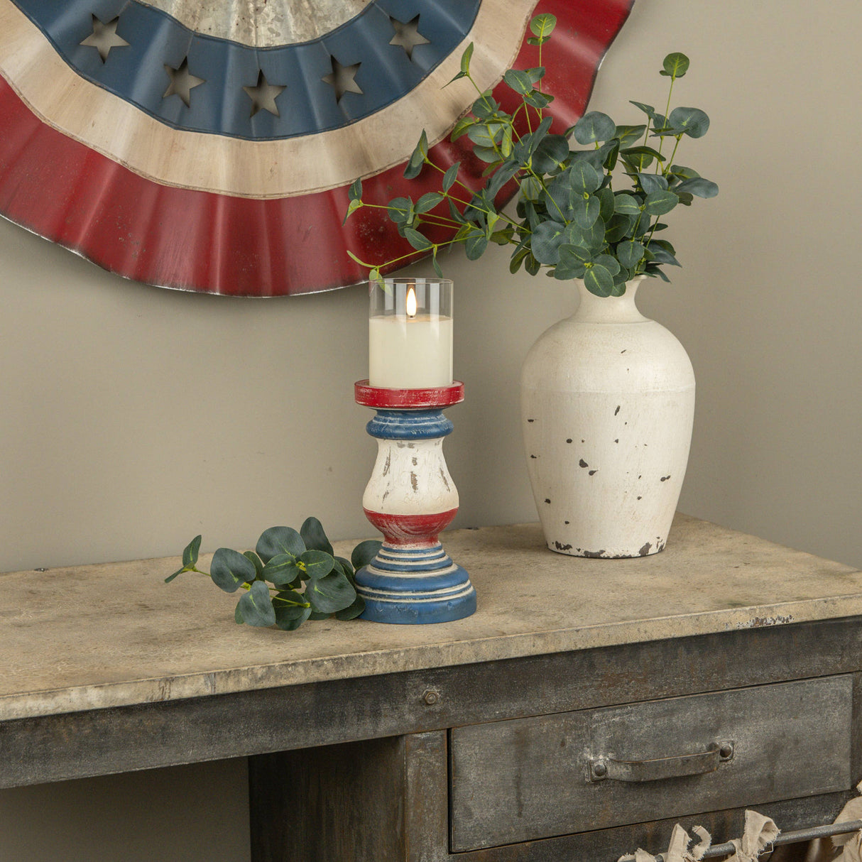 Patriotic Striped Wooden Candle Holder – 8.25"
