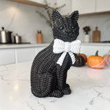 Black Cat Tabletop Décor – Resin Woven‑Rattan Look with Bow (Halloween & Fall Decor)