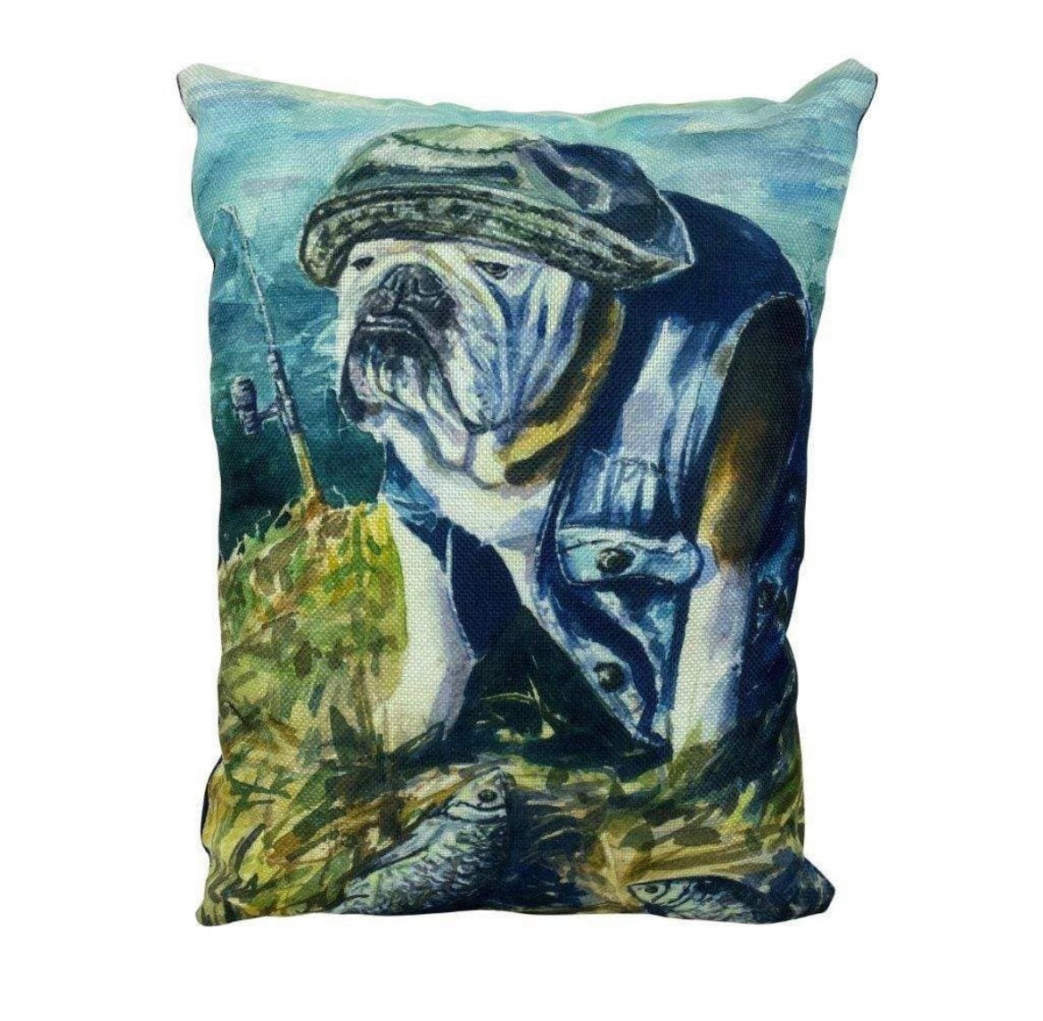Fishing Bulldog Watercolor Pillow Cover – 16x12