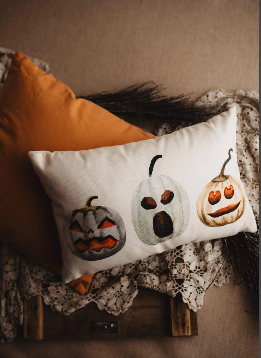 Double-Sided Primitive Jack O’ Lantern Pillow Cover – 18x12
