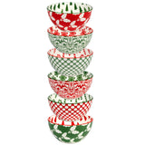Winter Medley 4.75" porcelain all‑purpose bowl with assorted red and green Christmas patterns, decorated inside and out, by Certified International