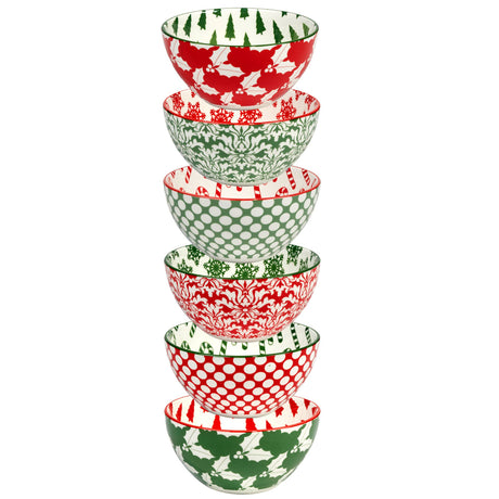 Winter Medley 4.75" porcelain all‑purpose bowl with assorted red and green Christmas patterns, decorated inside and out, by Certified International