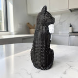 Black Cat Tabletop Décor – Resin Woven‑Rattan Look with Bow (Halloween & Fall Decor)