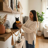Black Cat Tabletop Décor – Resin Woven‑Rattan Look with Bow (Halloween & Fall Decor)