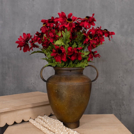 Red Black Eyed Susan faux floral stem arranged in a rustic metal vase