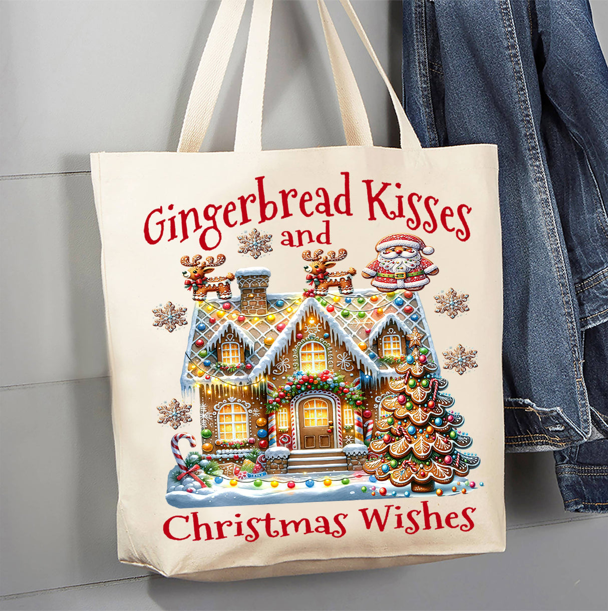 Christmas Gingerbread Kisses House Canvas Tote Bag
