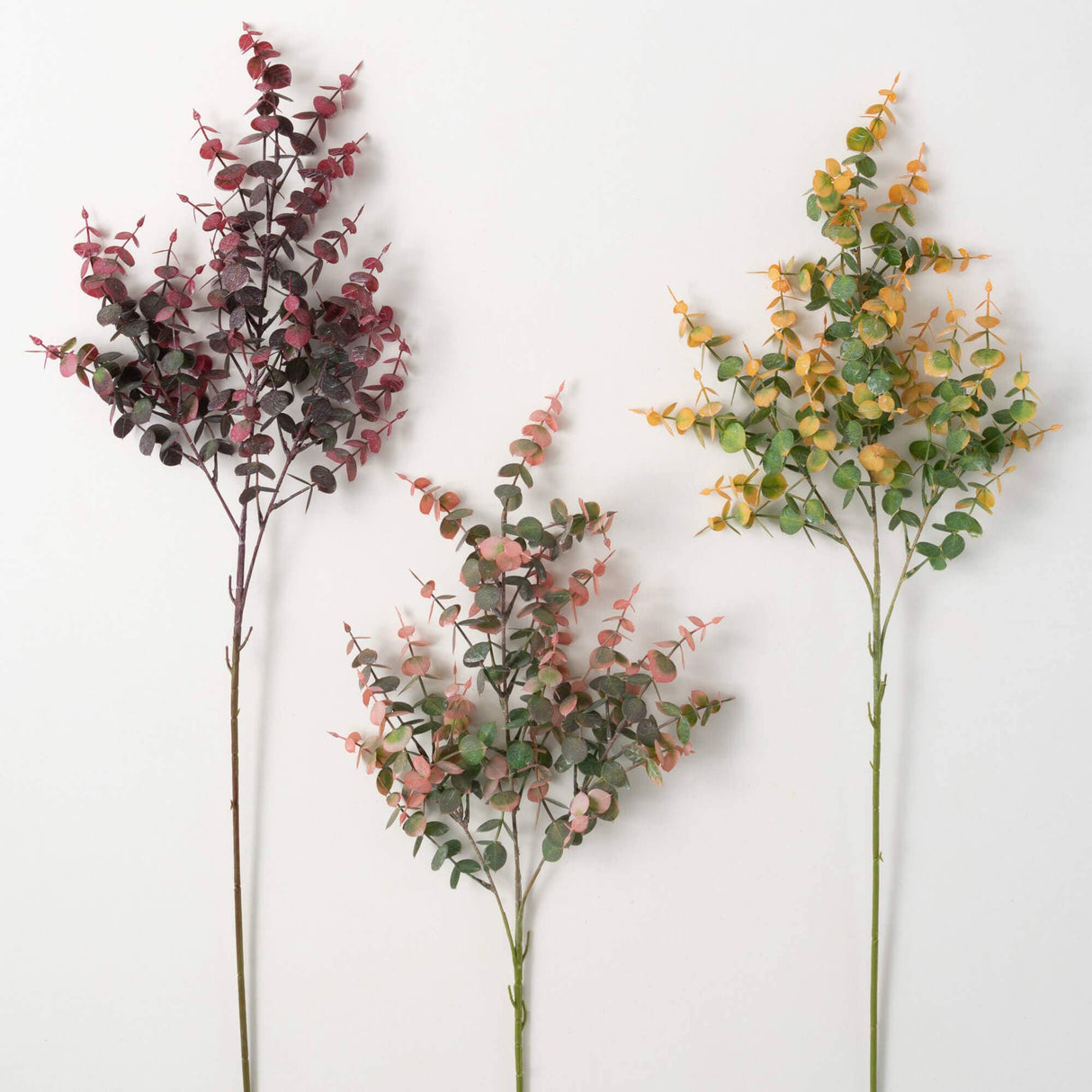 Rich-Hued Eucalyptus Spray Set – Faux Autumn Foliage in Wine, Blush & Mustard (Set of 3)