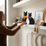 Black Cat Tabletop Décor – Resin Woven‑Rattan Look with Bow (Halloween & Fall Decor)