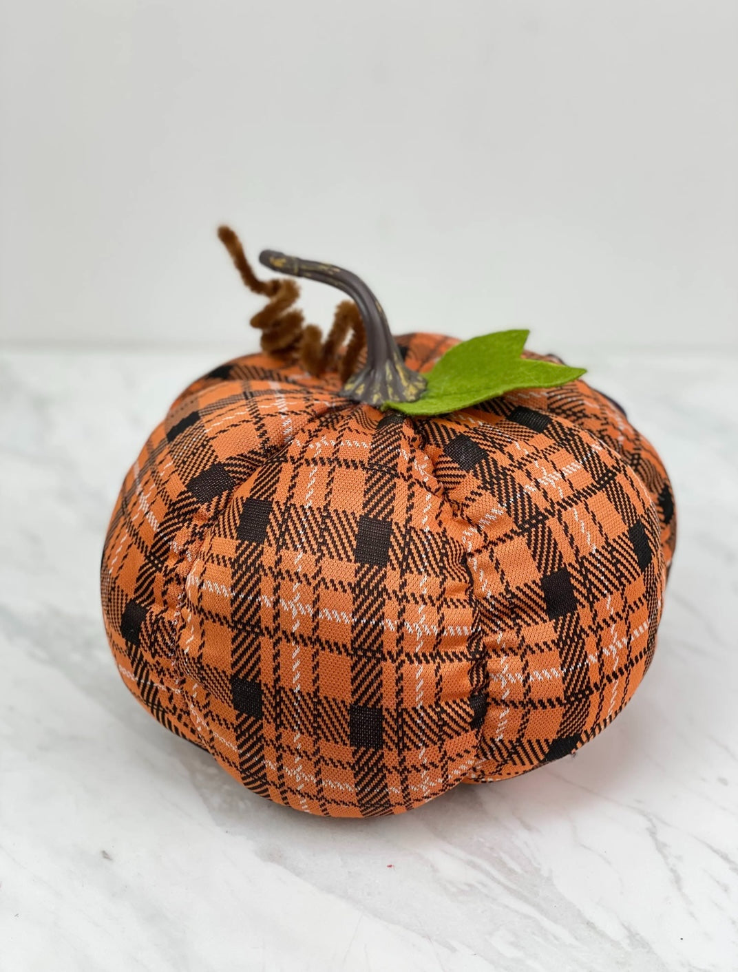 12" Orange & Black Plaid Fabric Pumpkin – Weighted Fall Decor Accent