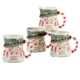 Set of four Christmas-themed mugs with snowmen design on a white background