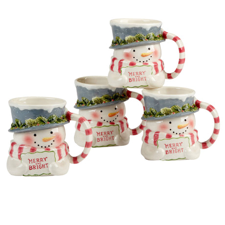 Set of four Christmas-themed mugs with snowmen design on a white background