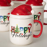 Whimsical “Happy Holidays” Mug with Santa Hat Lid – Festive Christmas Colors & Cheerful Illustrations