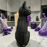 Black Cat Tabletop Décor – Resin Woven‑Rattan Look with Bow (Halloween & Fall Decor)