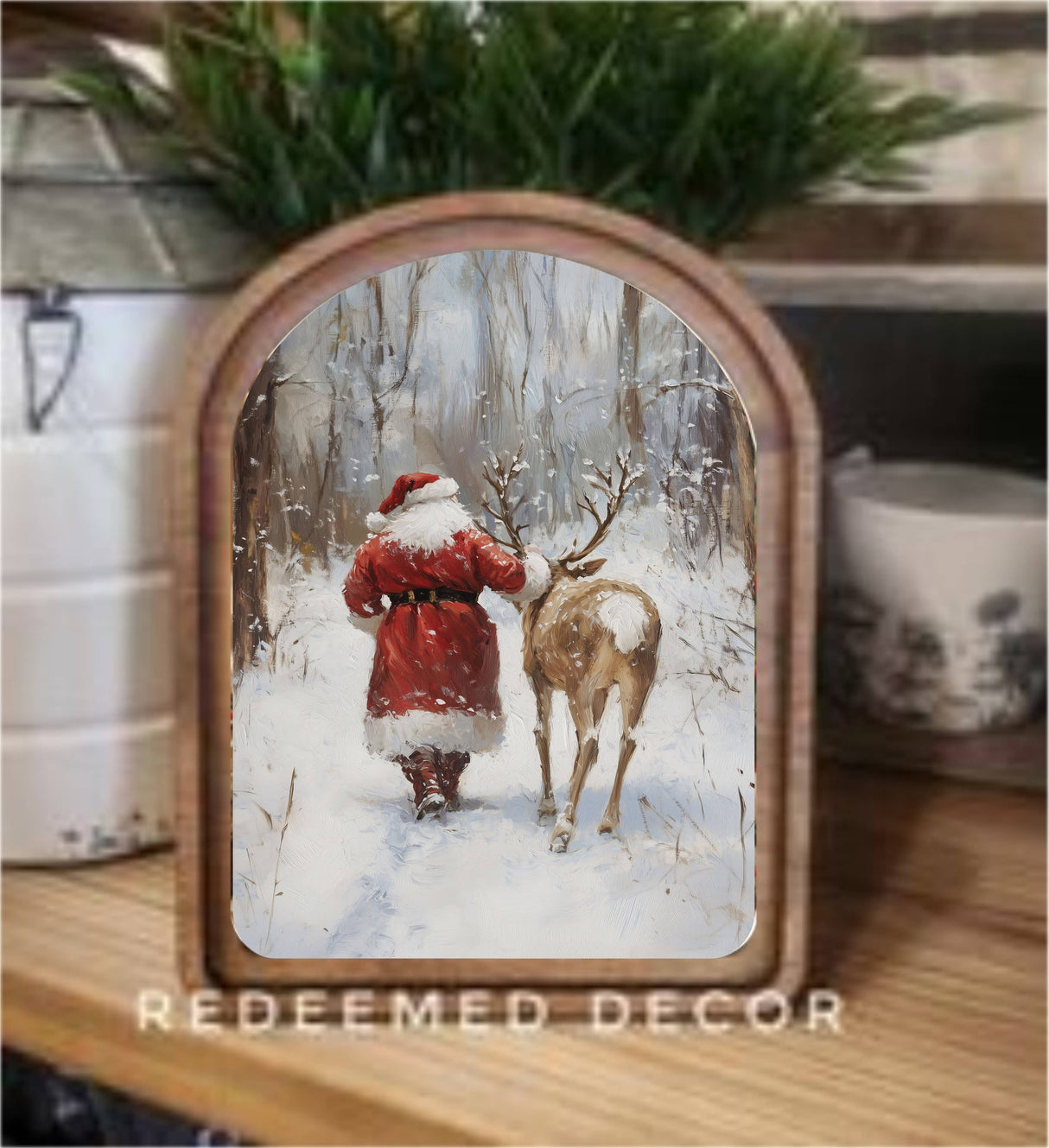 Santa With Reindeer – 6” x 8” Arched Winter Forest Framed Art