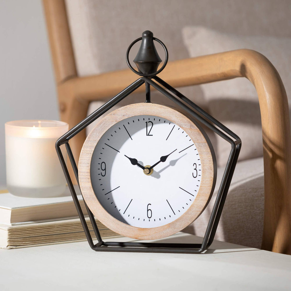 Metal Pentagon Desk Clock – Floating Timepiece with Light Wood Bezel