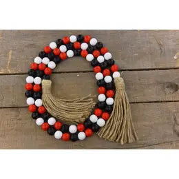 Hearth & Heritage Beaded Garland – 58" Red, White & Black Wood Beads with Jute Tassels
