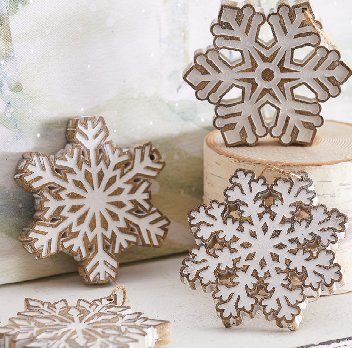 White Iced Snowflake Ornament Set – Resin, Set of 4
