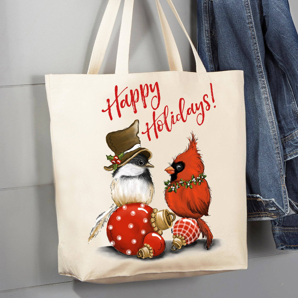 Holiday Perch Tote – Chickadee & Cardinal Cheer Reusable Cotton Canvas Grocery Bag Eco-Friendly Farmhouse Tote