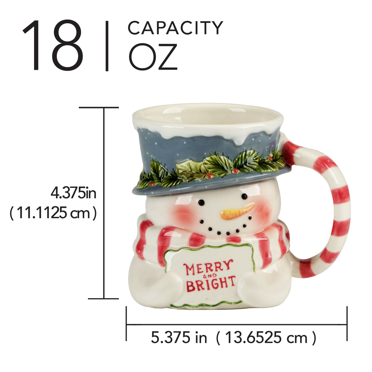 Snowman mug with measurements on a white background