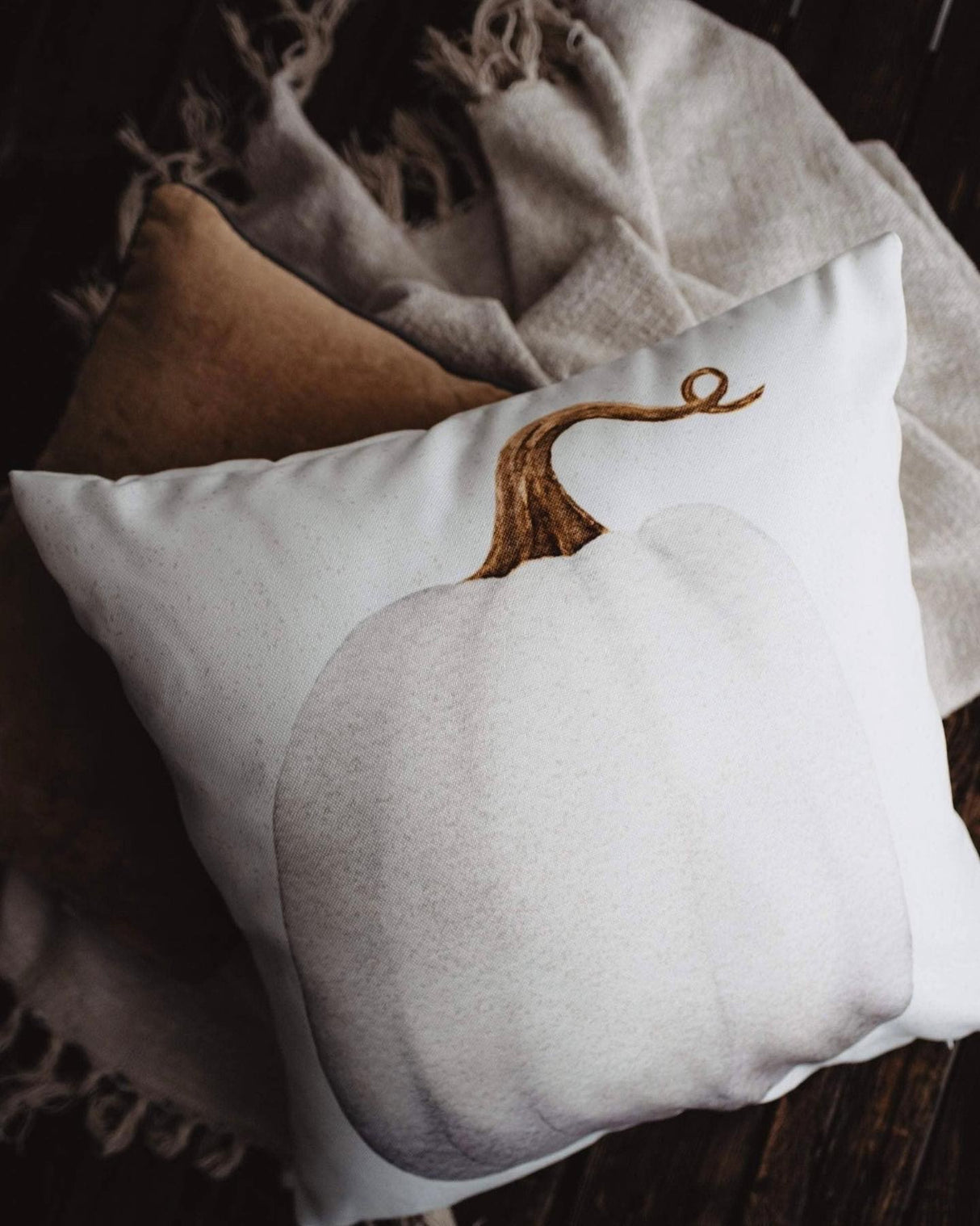 Curly Stem White Pumpkin Fall Throw Pillow Cover – 12" x 12"