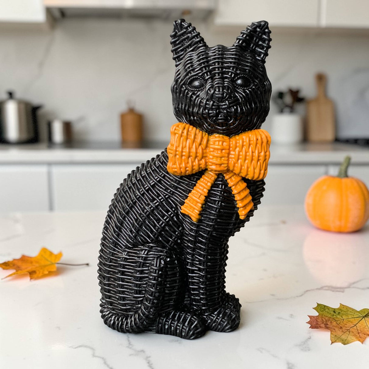 Black Cat Tabletop Décor – Resin Woven‑Rattan Look with Bow (Halloween & Fall Decor)