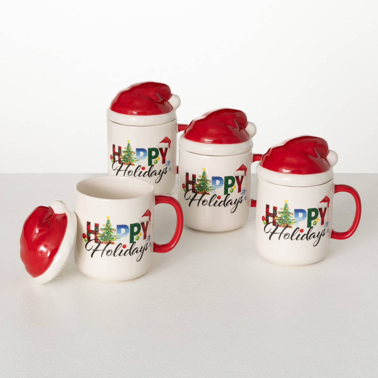 Whimsical “Happy Holidays” Mug with Santa Hat Lid – Festive Christmas Colors & Cheerful Illustrations