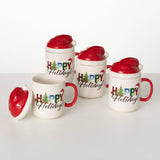Whimsical “Happy Holidays” Mug with Santa Hat Lid – Festive Christmas Colors & Cheerful Illustrations