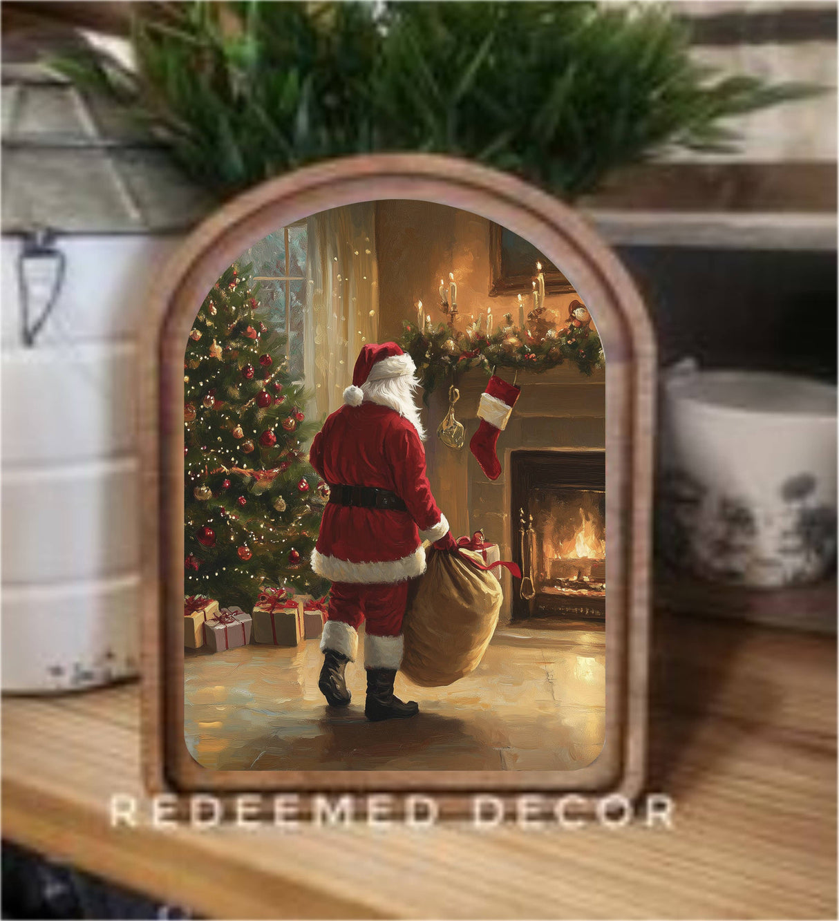 Fireplace Santa – 6” x 8” Arched Christmas Hearth Framed Art