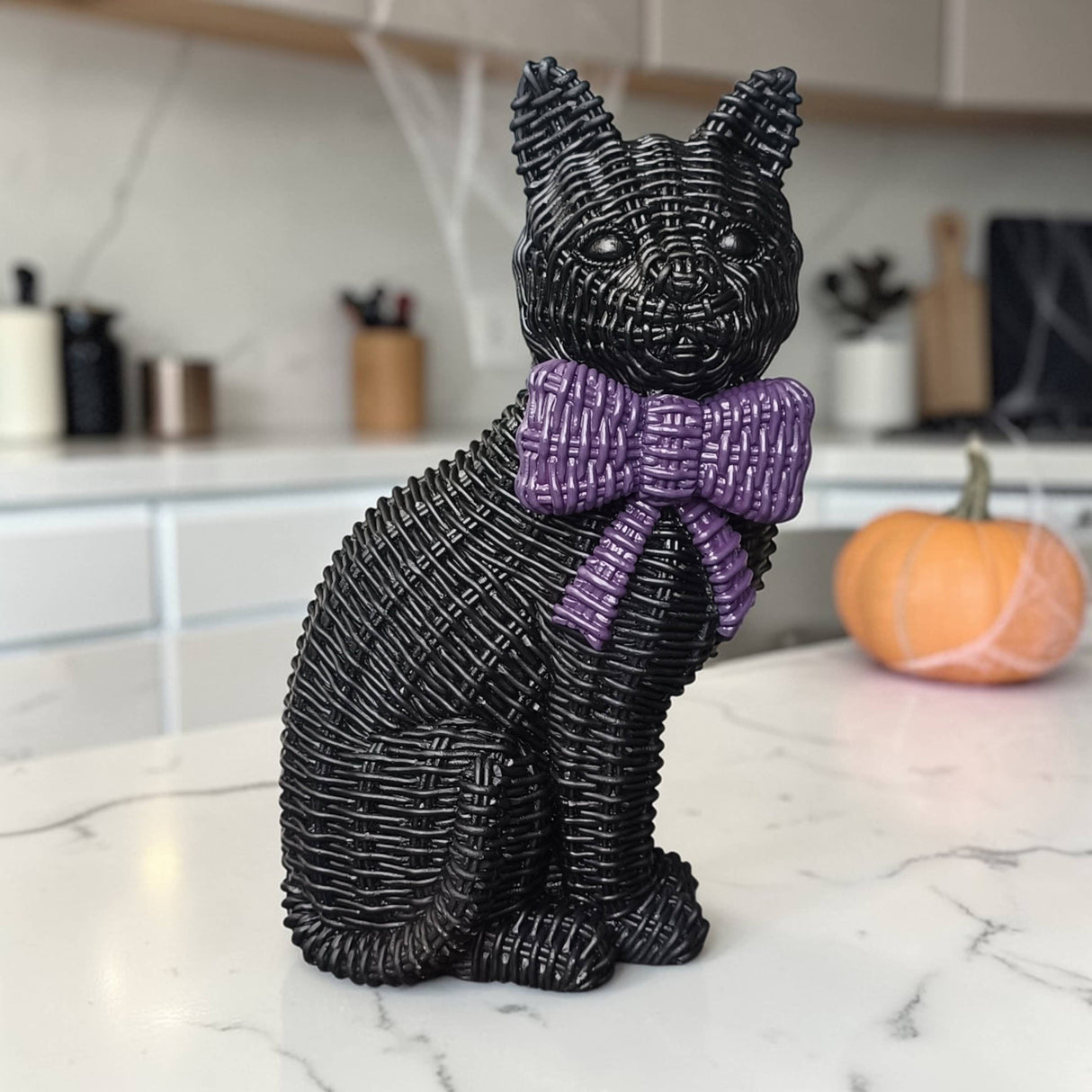 Black Cat Tabletop Décor – Resin Woven‑Rattan Look with Bow (Halloween & Fall Decor)