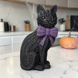 Black Cat Tabletop Décor – Resin Woven‑Rattan Look with Bow (Halloween & Fall Decor)
