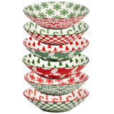 Winter Medley 9.25" porcelain dinner bowl with assorted red and green Christmas patterns, decorated inside and out, by Certified International