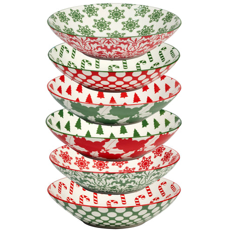 Winter Medley 9.25" porcelain dinner bowl with assorted red and green Christmas patterns, decorated inside and out, by Certified International