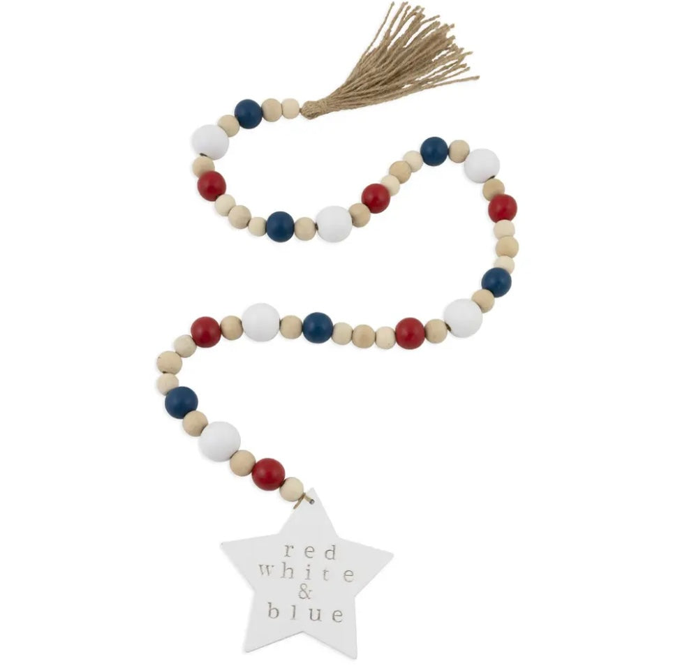 Stars &amp; Stripes Forever Beaded Garland 36" Real Wood Beads in Red, White & Blue with Star Accent and Jute Tassel