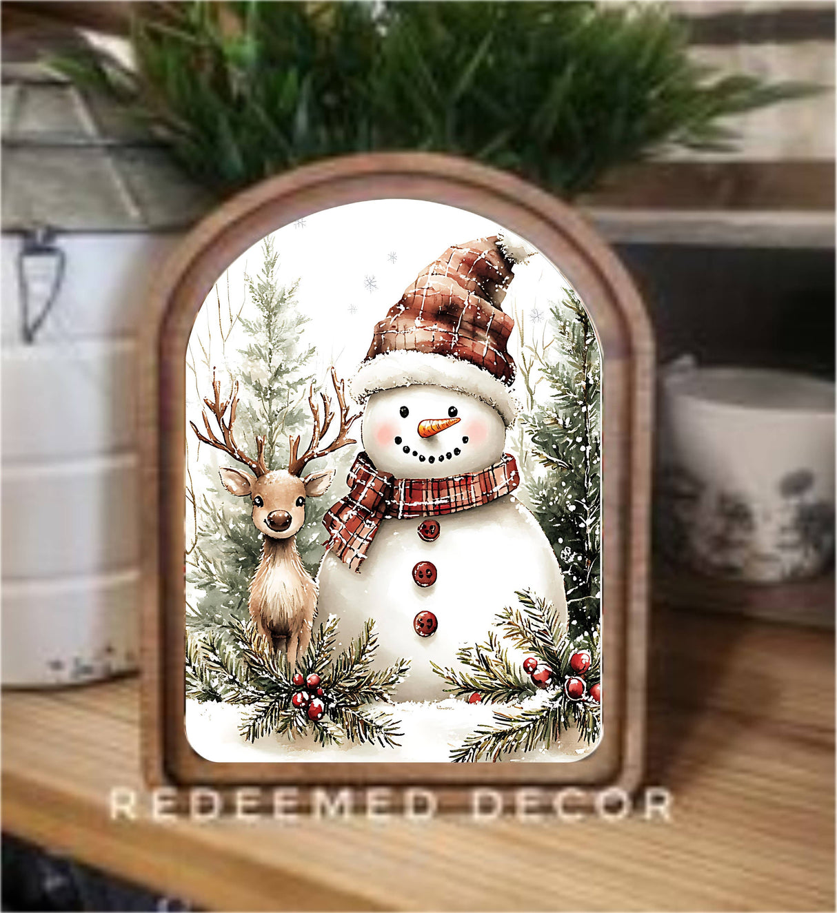 Snowman & Deer Friends – 6” x 8” Arched Winter Woodland Framed Art