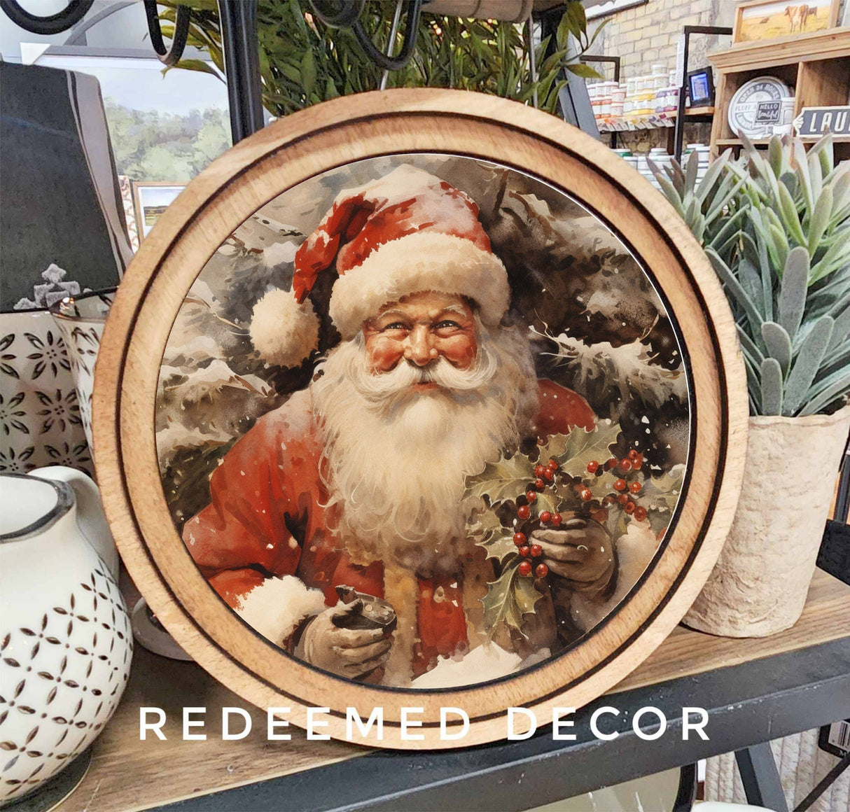 8-inch round canvas featuring a classic Santa holding holly and a gift.