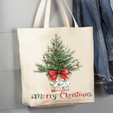 Christmas Watercolor Toile Tree Canvas Tote Bag