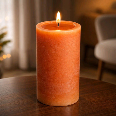 Pumpkin‑orange melted‑center LED pillar candle glowing warmly on a wooden surface in a cozy autumn setting.