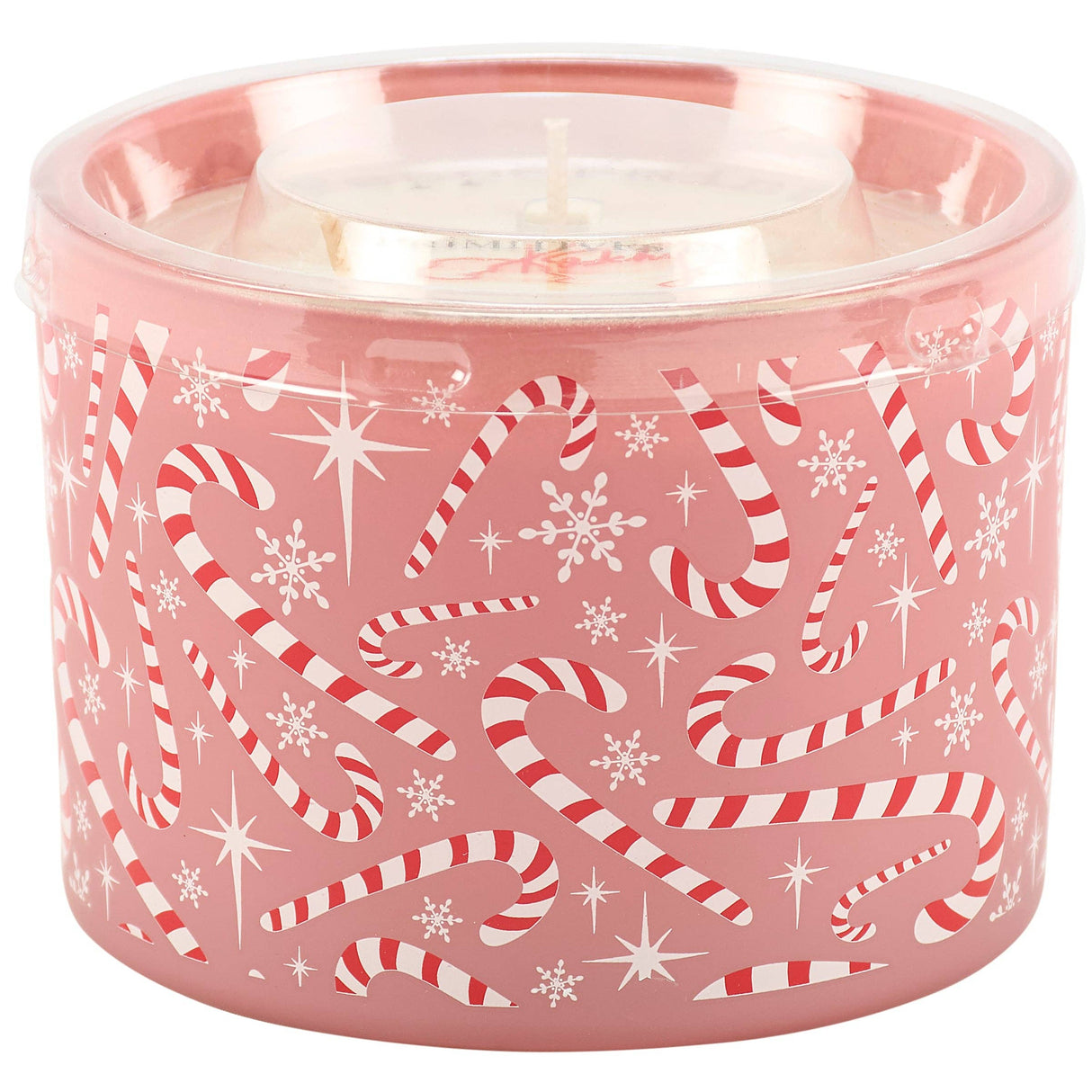 A pink holiday-themed candle in a clear plastic tub with a red and white candy cane and snowflake pattern, shown on a white background.